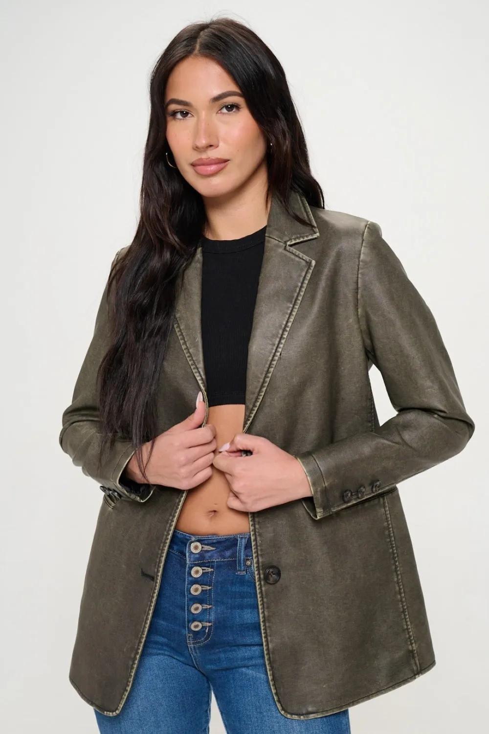 Hazel Blues® |  Coalition LA Single-Breasted Vegan Leather Blazer