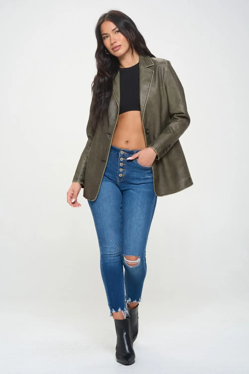 Hazel Blues® |  Coalition LA Single-Breasted Vegan Leather Blazer