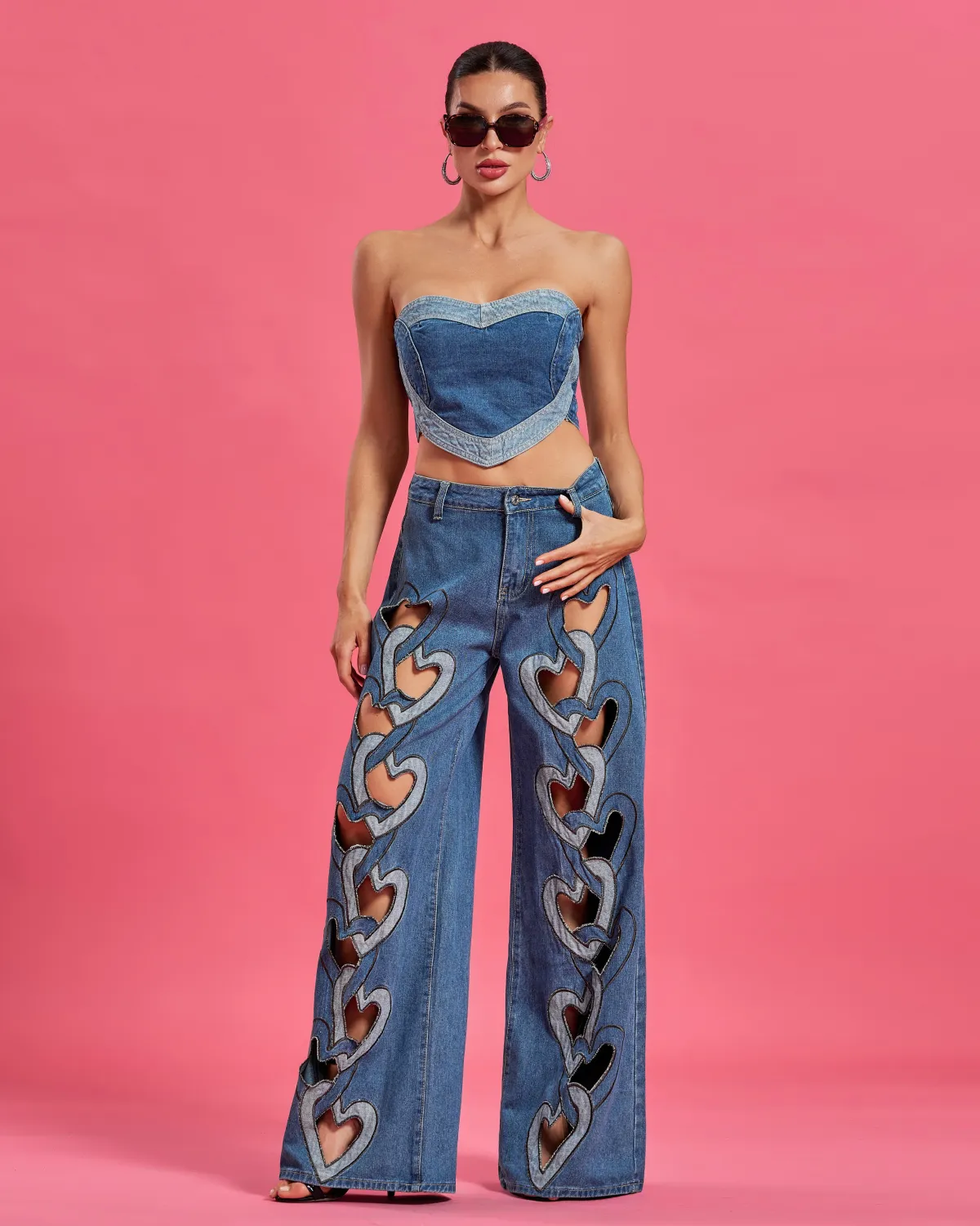 Heart Cutout Wide Leg Jean Set