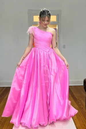 Hot Pink A-line One Shoulder Pleated Long Prom Dress with Feathers