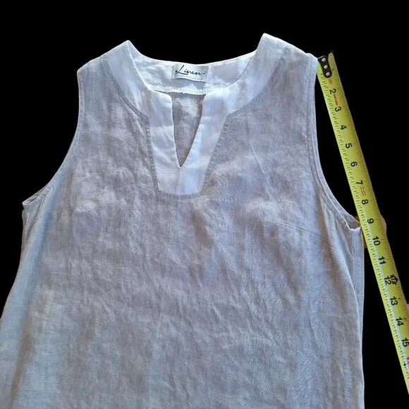 ILinen Lifestyle Shift Dress with Pockets Natural Flax Split V Neck Linen size L