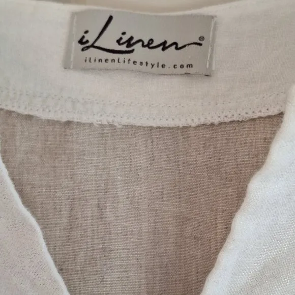 ILinen Lifestyle Shift Dress with Pockets Natural Flax Split V Neck Linen size L