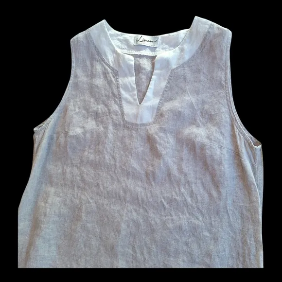 ILinen Lifestyle Shift Dress with Pockets Natural Flax Split V Neck Linen size L