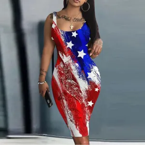 Independence Day Flag Print U-Neck Bodycon Dress