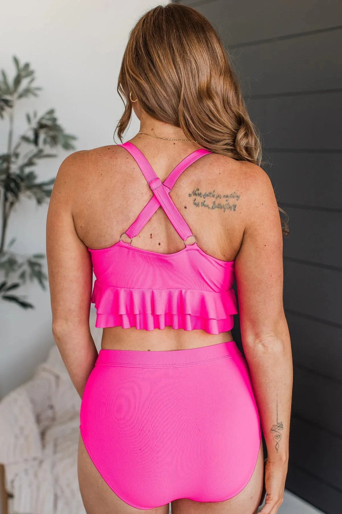 Island Essence Ruffle Swim Top - Hot Pink Ribbed