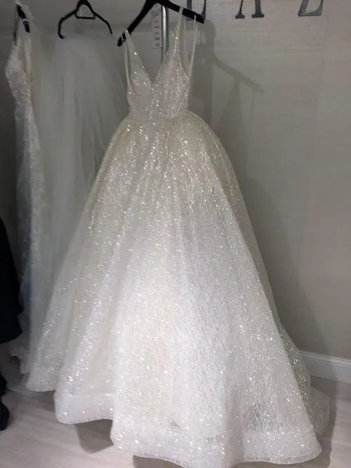Ivory Prom Dresses V-neck A-line Short Train Sparkly Beautiful Backless Prom Dress,MP572