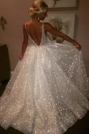 Ivory Prom Dresses V-neck A-line Short Train Sparkly Beautiful Backless Prom Dress,MP572