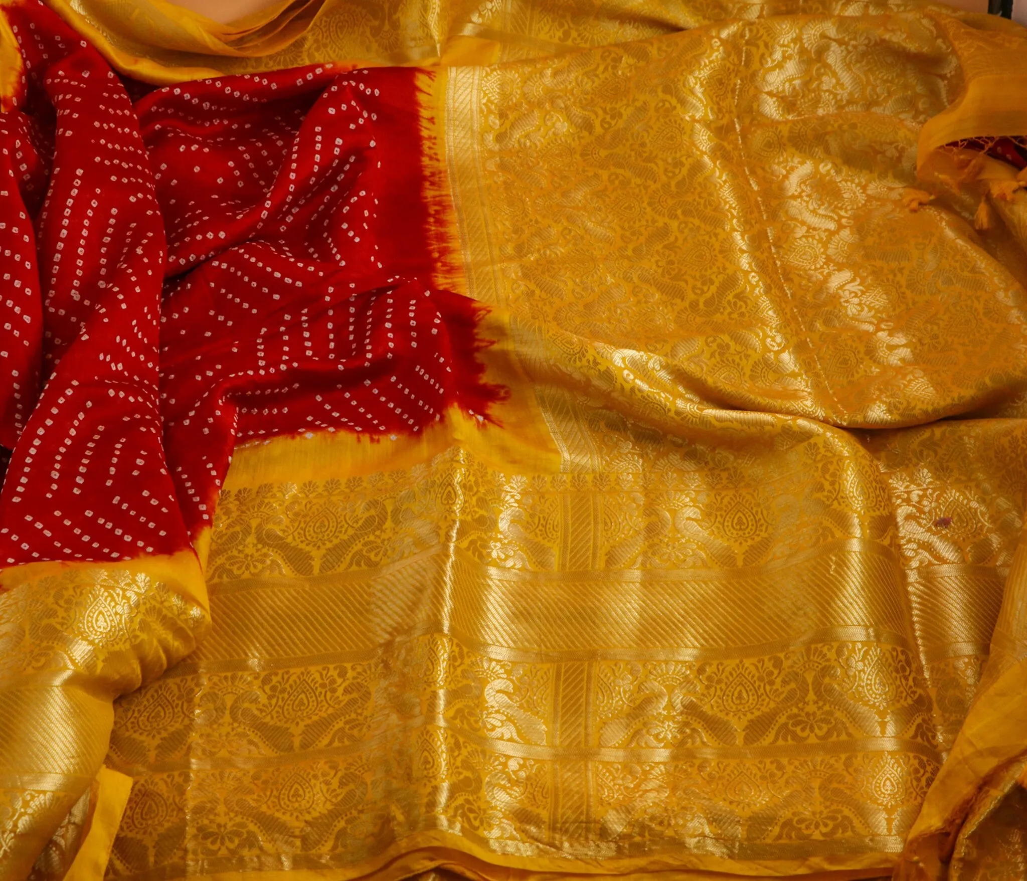 Kanchi Bandhini Saree Mehendi Saree Fusion saree Wedding saree Sangeet Saree Haldi Saree Maggam Work Blouse - Ready to Ship Saree