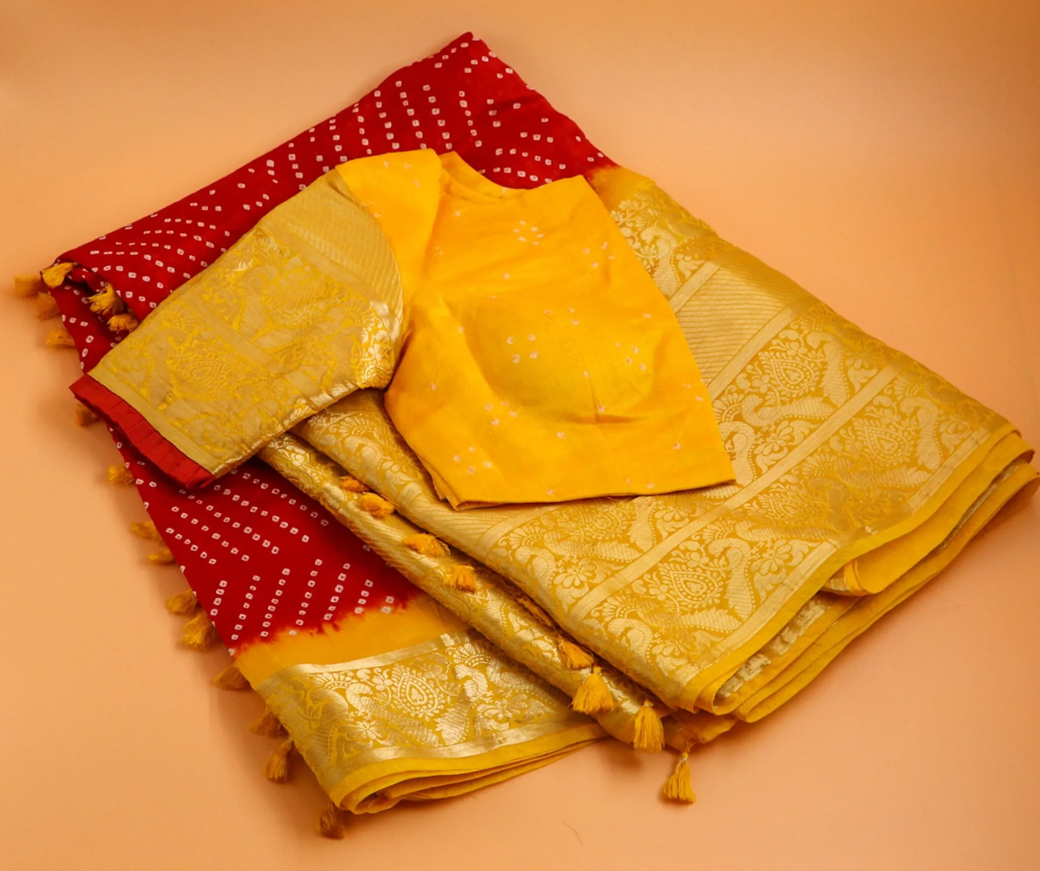 Kanchi Bandhini Saree Mehendi Saree Fusion saree Wedding saree Sangeet Saree Haldi Saree Maggam Work Blouse - Ready to Ship Saree