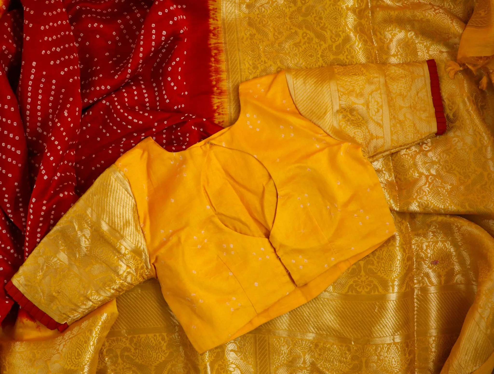 Kanchi Bandhini Saree Mehendi Saree Fusion saree Wedding saree Sangeet Saree Haldi Saree Maggam Work Blouse - Ready to Ship Saree