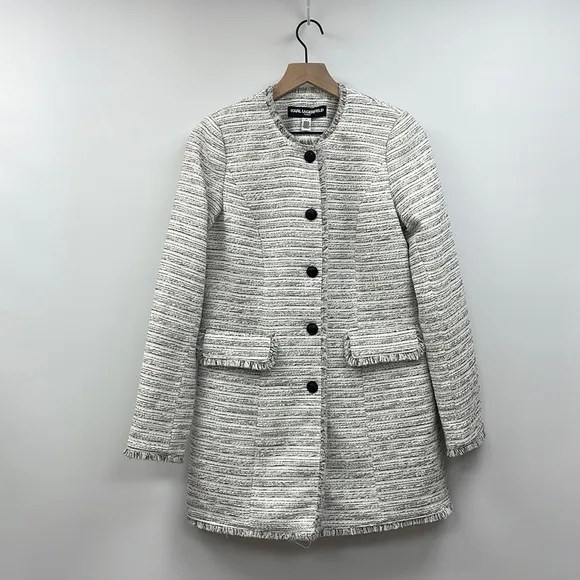 Karl Lagerfeld Tweed Longline Button Down Fringe Blazer Jacket Preppy White 2