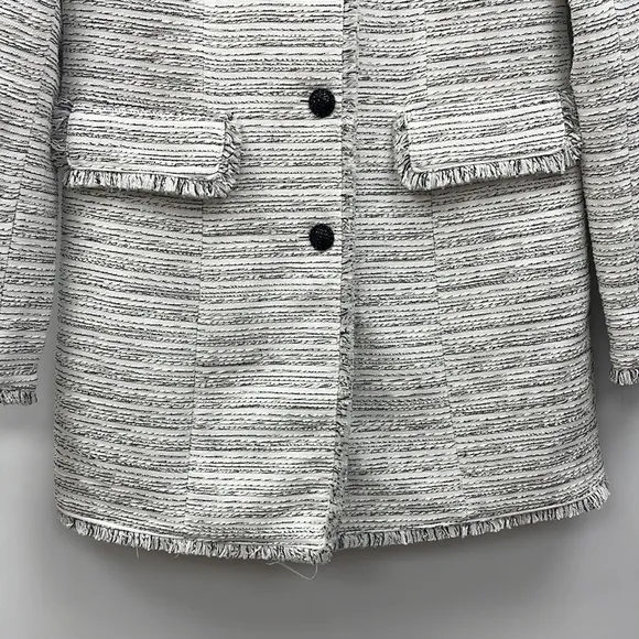 Karl Lagerfeld Tweed Longline Button Down Fringe Blazer Jacket Preppy White 2