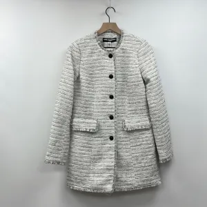 Karl Lagerfeld Tweed Longline Button Down Fringe Blazer Jacket Preppy White 2