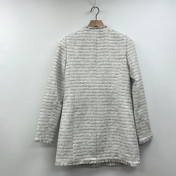 Karl Lagerfeld Tweed Longline Button Down Fringe Blazer Jacket Preppy White 2
