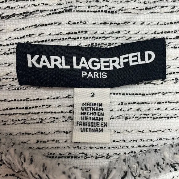 Karl Lagerfeld Tweed Longline Button Down Fringe Blazer Jacket Preppy White 2