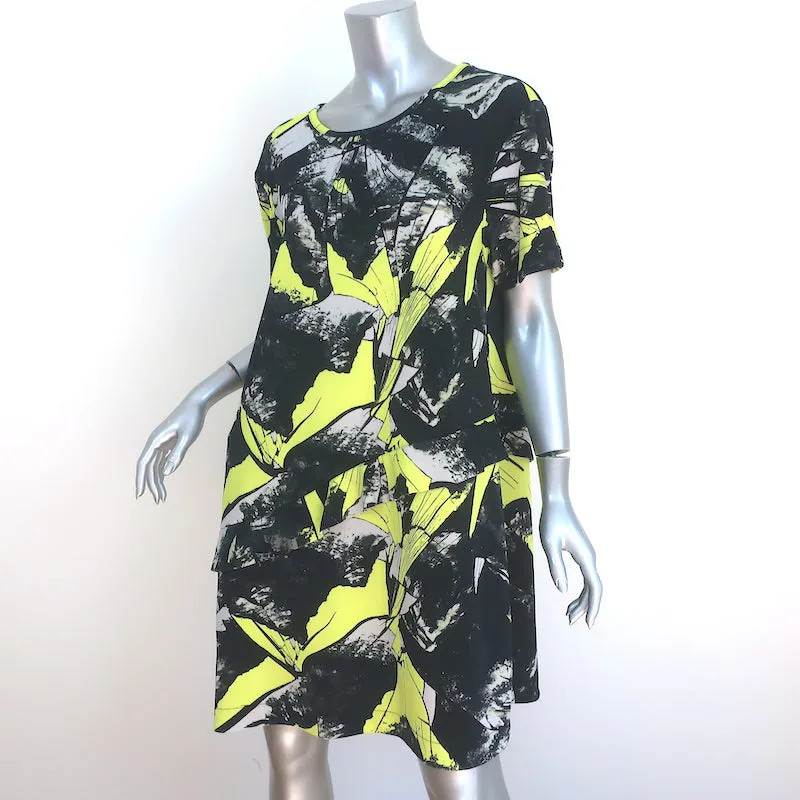 Kenzo Dress Black/Yellow Printed Stretch Crepe Size Large Short Sleeve Shift