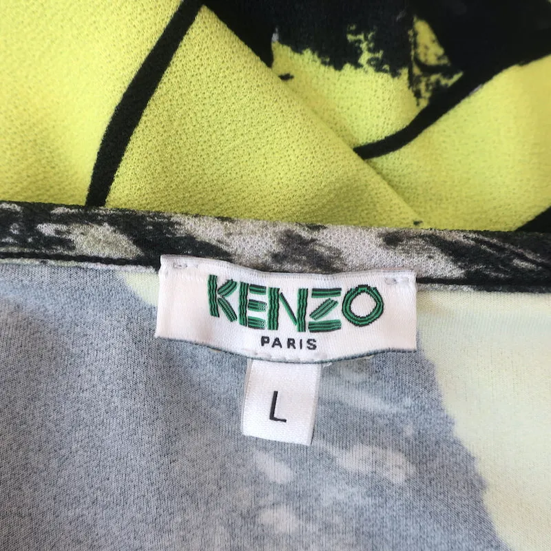 Kenzo Dress Black/Yellow Printed Stretch Crepe Size Large Short Sleeve Shift