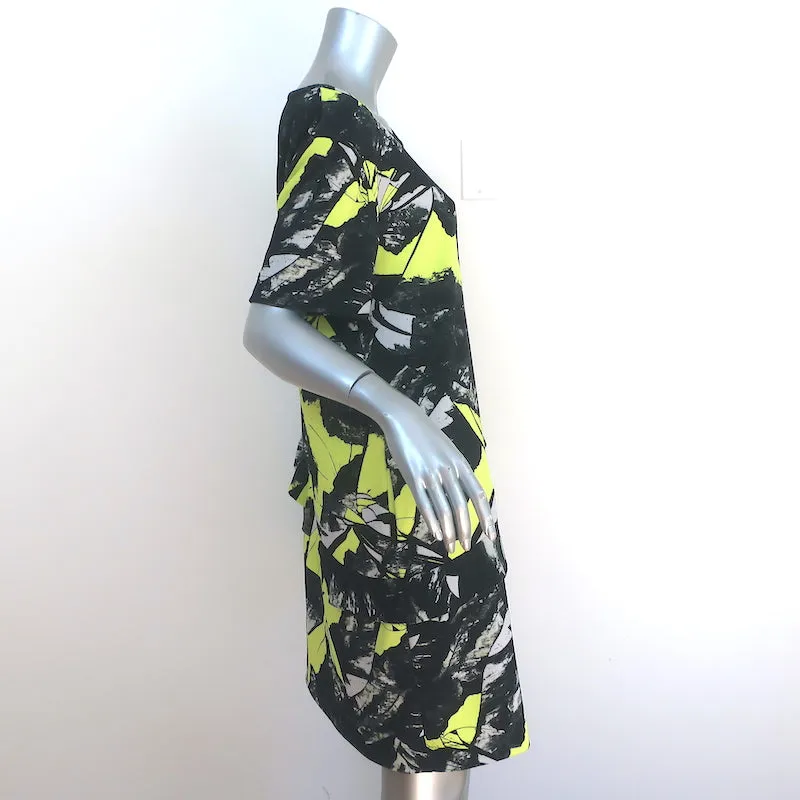 Kenzo Dress Black/Yellow Printed Stretch Crepe Size Large Short Sleeve Shift