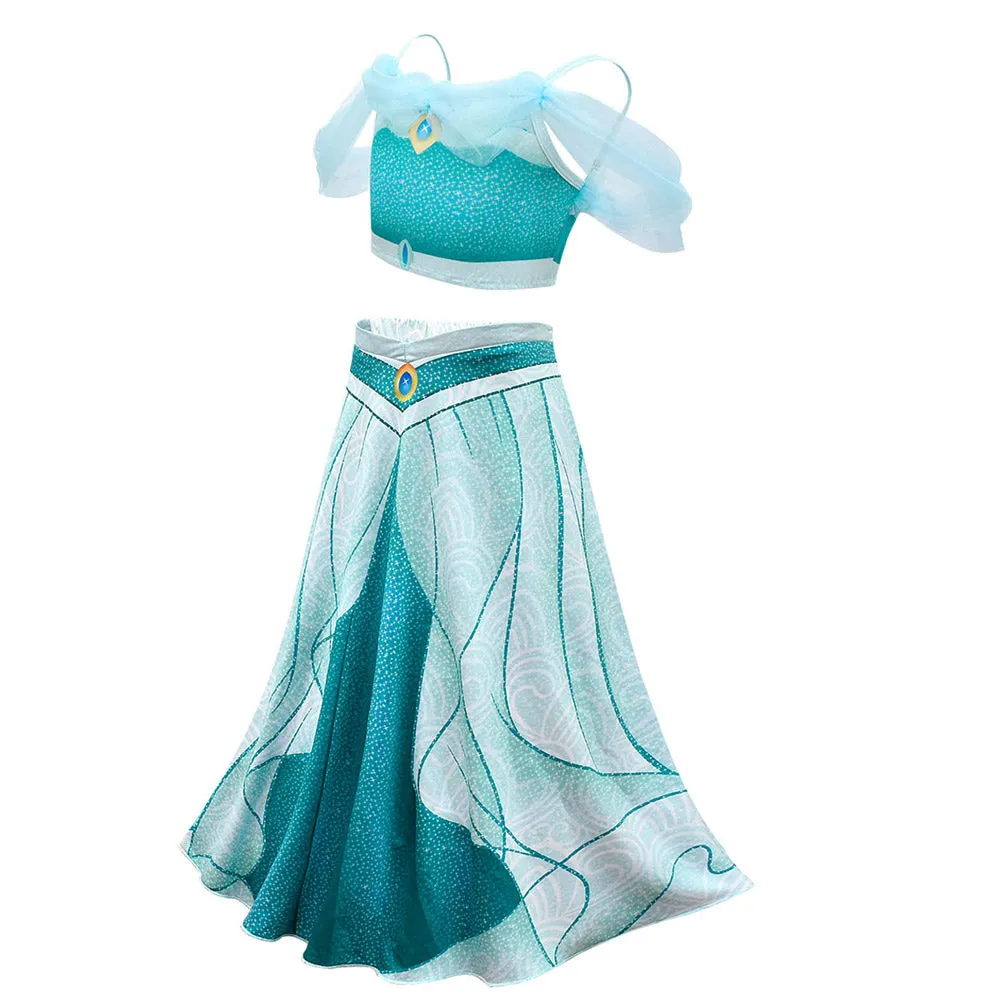 Kids Girls Jasmine Cosplay Costume Dress Skirt  Halloween Carnival Suit