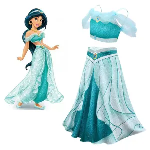 Kids Girls Jasmine Cosplay Costume Dress Skirt  Halloween Carnival Suit