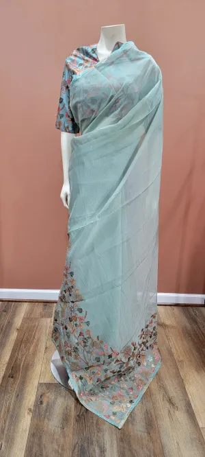 Kora Embroidered Saree w/ Printed Blouse in Cyan