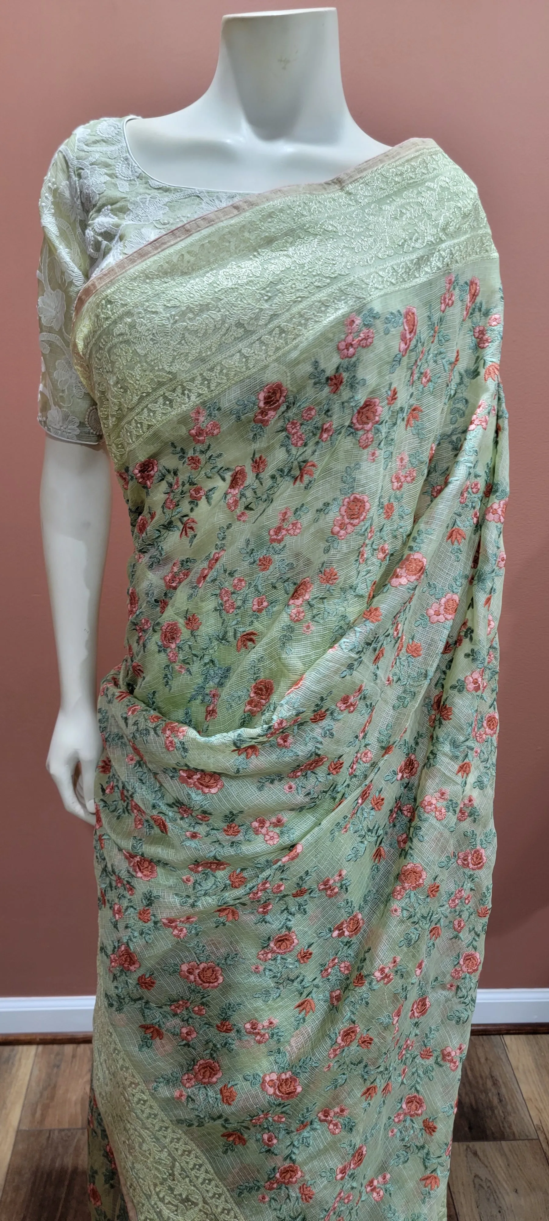 Kota Tussar Saree w/ Chikankari Blouse in mild Green