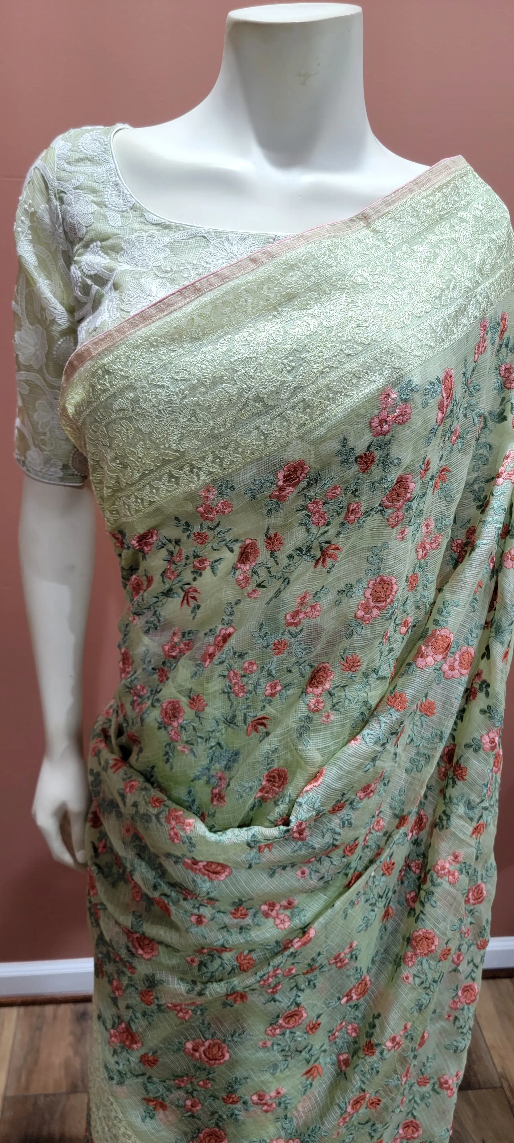 Kota Tussar Saree w/ Chikankari Blouse in mild Green