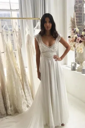 Lace Beaded V-neck A-line Chiffon Skirt A Line Sweep Train Wedding Dresses,MW366