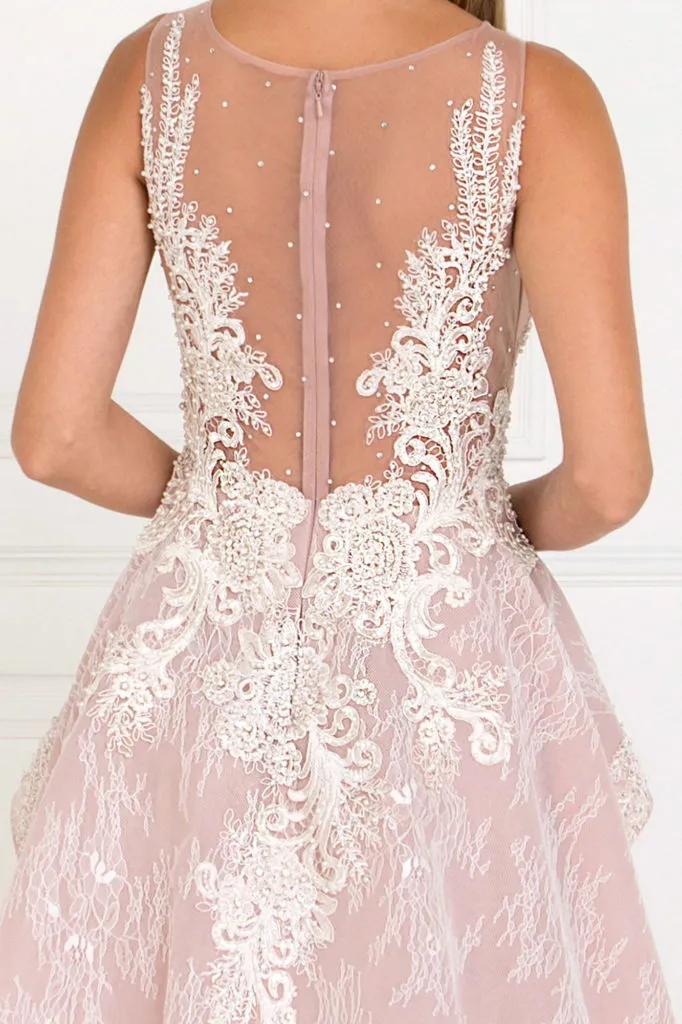 Lace Illusion Sweetheart A-Line Long Dress with Organza Overlay