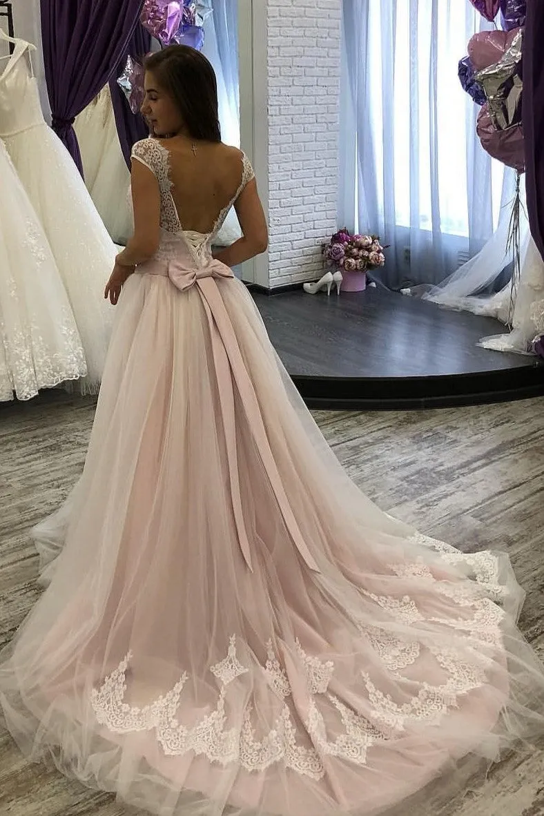 Lace Scoop Neck Blush Pink Bridal Dresses Tulle Skirt