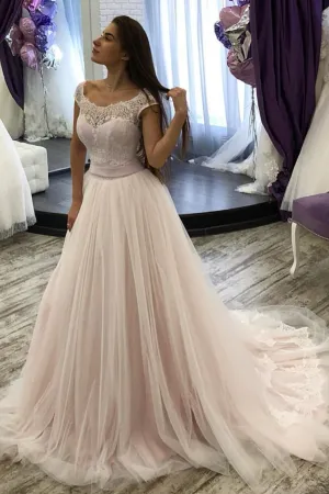 Lace Scoop Neck Blush Pink Bridal Dresses Tulle Skirt