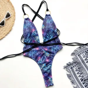 Lace-up Swimwear Print One-piece Swim Suit