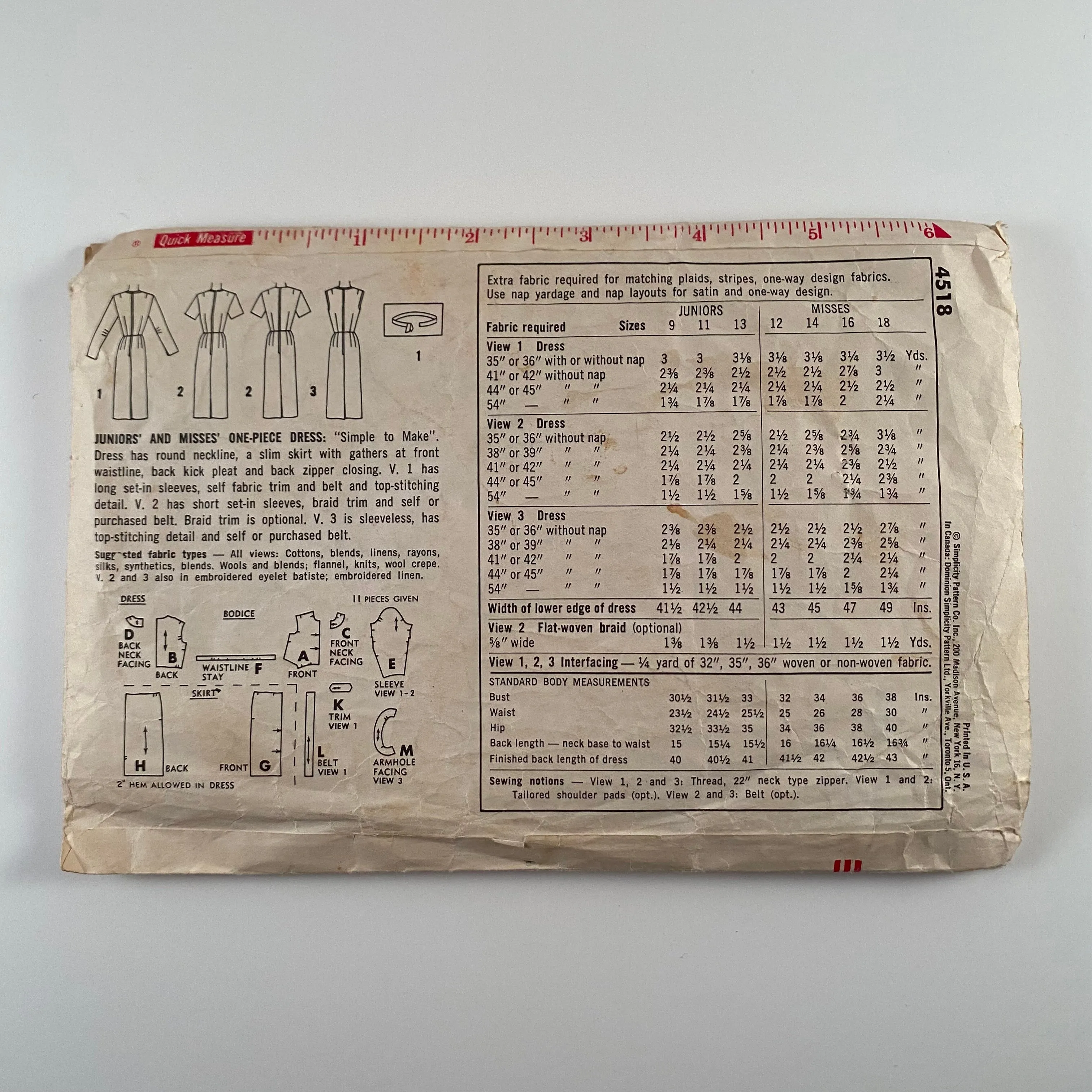 Late 50s/ Early 60s Simplicity Dress Pattern 4518