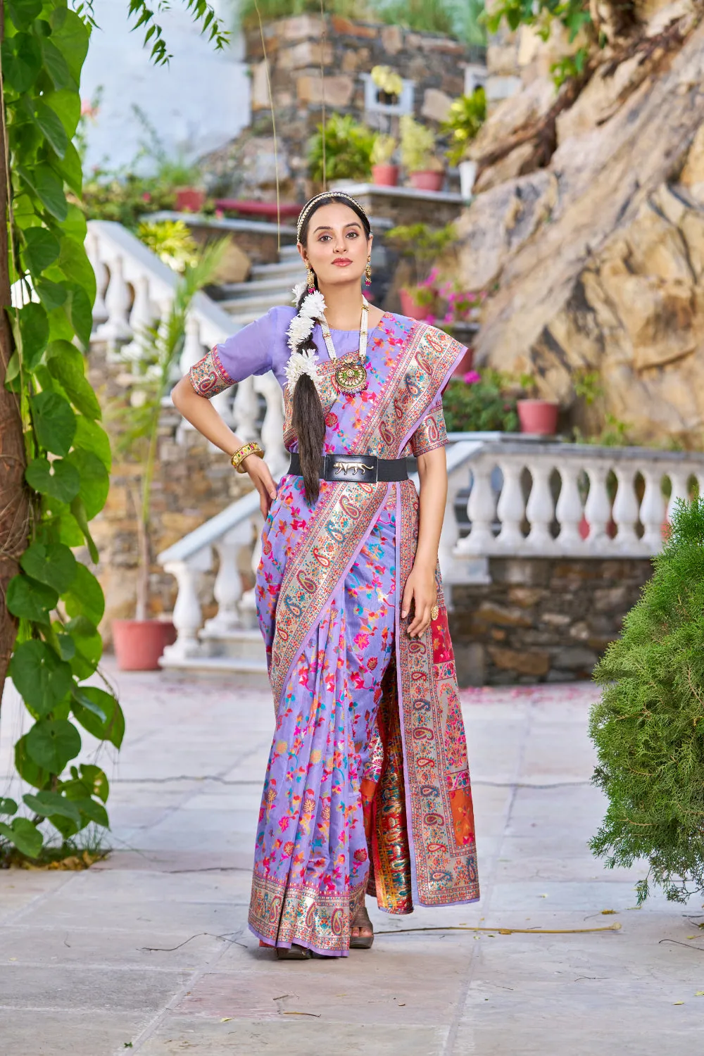 Lavender Color Kashmiri Modal Handloom Weaving Saree