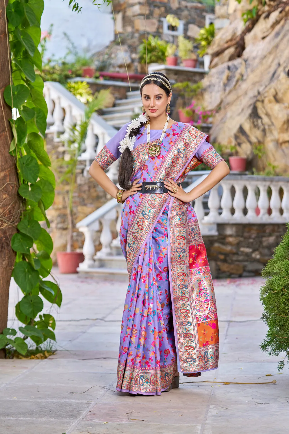 Lavender Color Kashmiri Modal Handloom Weaving Saree