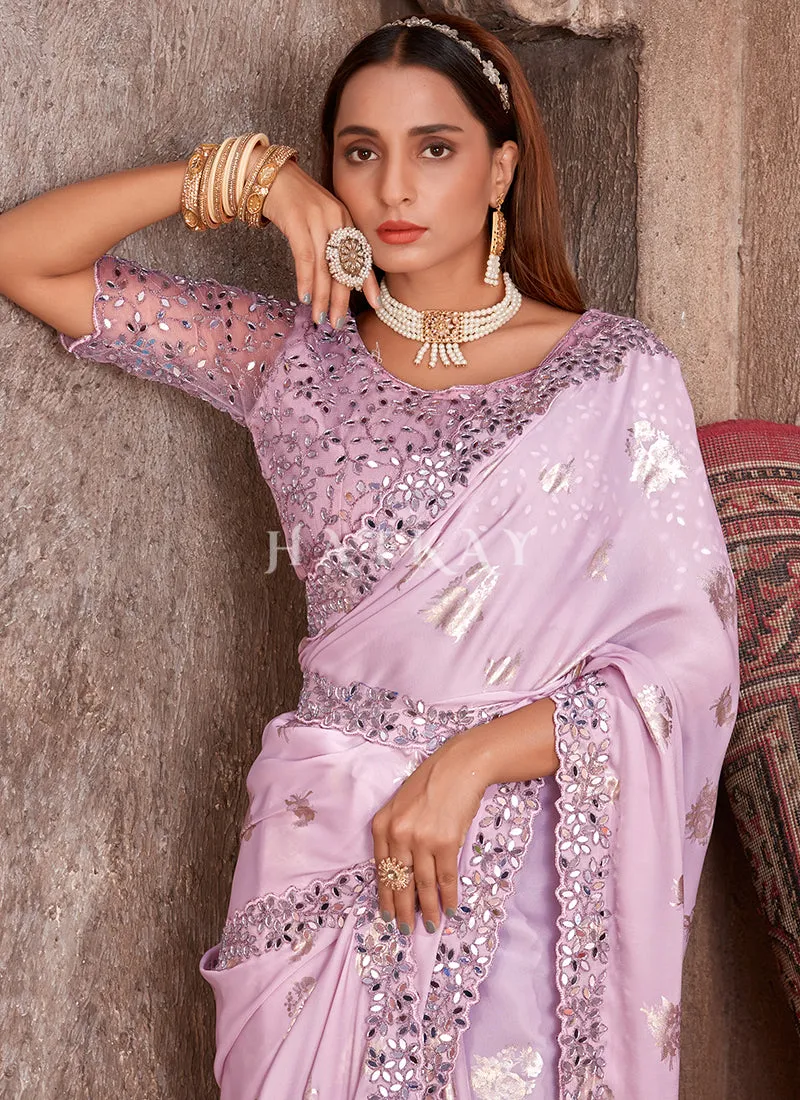 Lavender Mirror Work Embroidery Silk Saree
