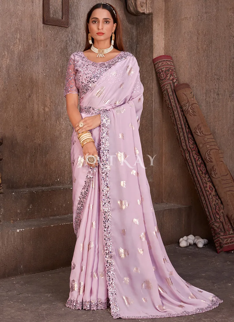Lavender Mirror Work Embroidery Silk Saree