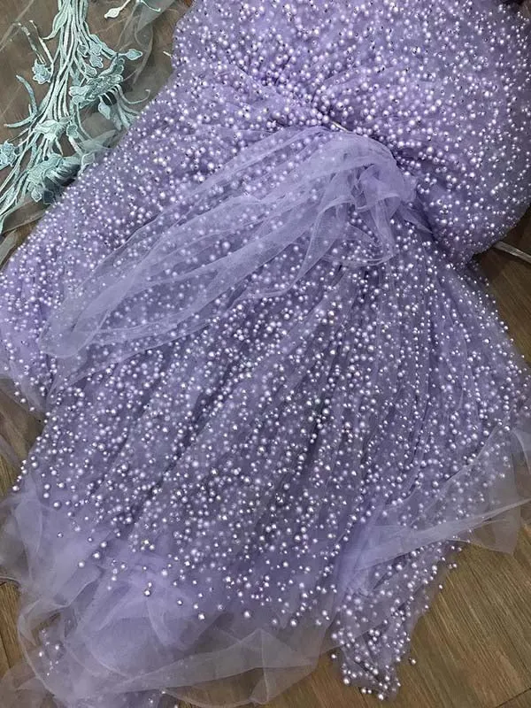 Lavender Modest Tulle Pearl Spaghetti Straps Long Prom Dress with Slit,MP626