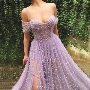 Lavender Modest Tulle Pearl Spaghetti Straps Long Prom Dress with Slit,MP626