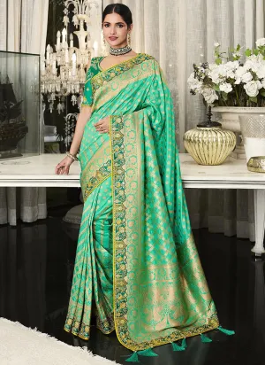Light Green Handwork Embroidery Silk Saree