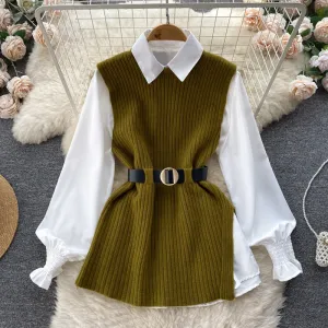 Light Luxury Socialite Suit Women's Loose Long Sleeve White Shirt Top Slit Knitted Vest Jacket Two-Piece Set0.4kg