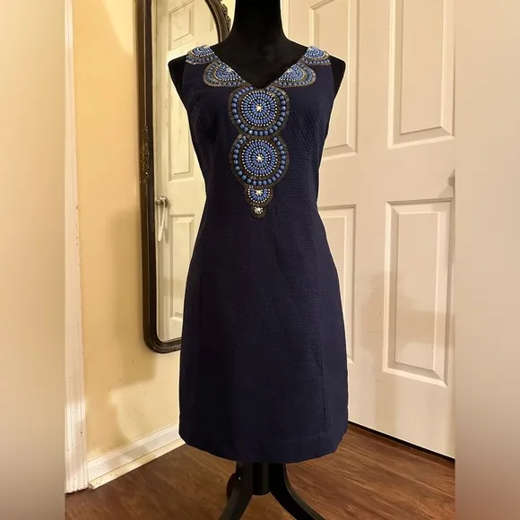 Lilly Pulitzer Gabby True Navy Blue Beaded V-Neck Dress