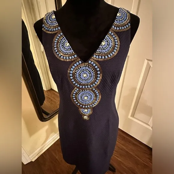 Lilly Pulitzer Gabby True Navy Blue Beaded V-Neck Dress