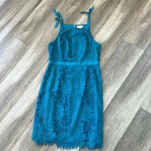 LILLY PULITZER Kayleigh Shift Dress Fern Gallery Lace Tidal Wave Blue Size 8