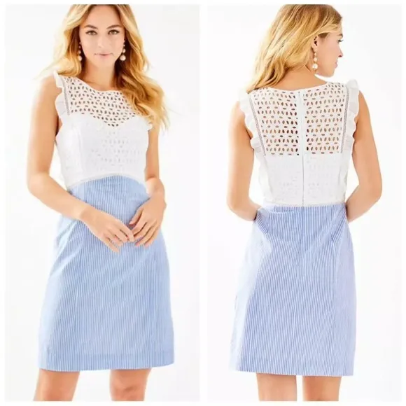 Lilly Pulitzer Maya Coastal Eyelet Striped Seersucker Shift Dress Women’s Sz 00