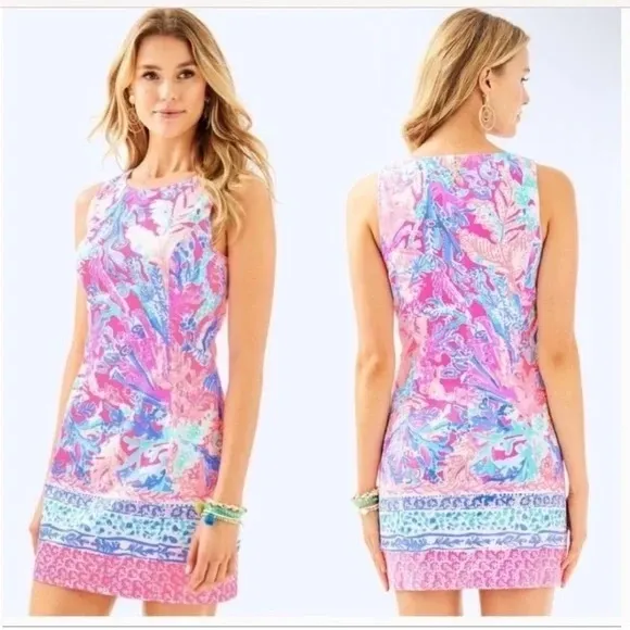 Lilly Pulitzer Mila Shift Dress Aquadesiac Print Pink Blue Sleeveless Shift 0