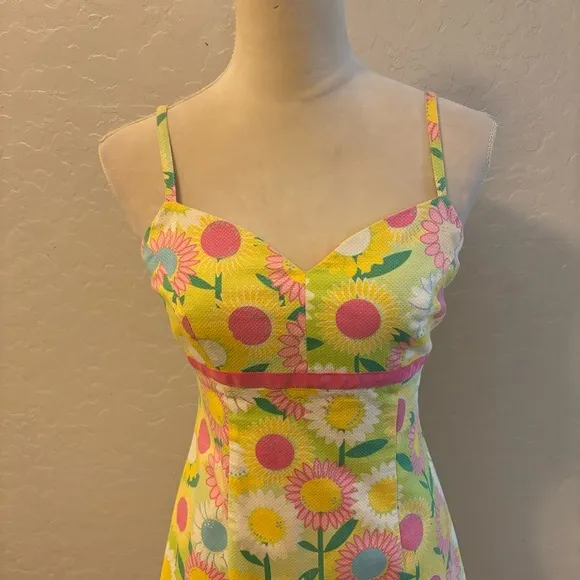 Lilly Pulitzer Yellow Sunflower Floral Print Empire Waist Shift Dress Size 2