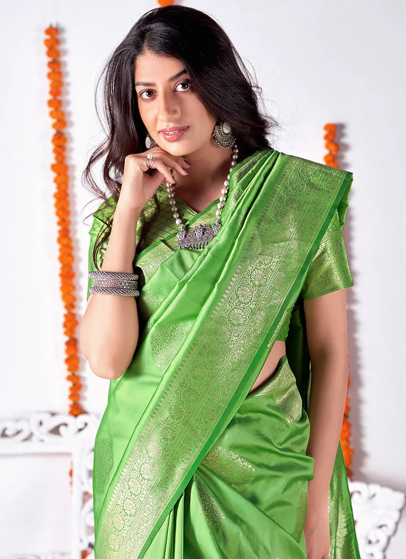 Lime Green Embellished Banarasi Silk Saree