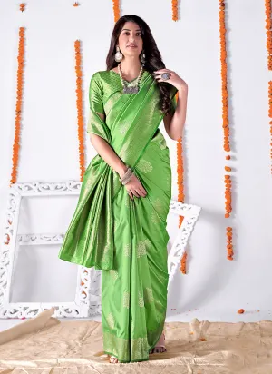 Lime Green Embellished Banarasi Silk Saree