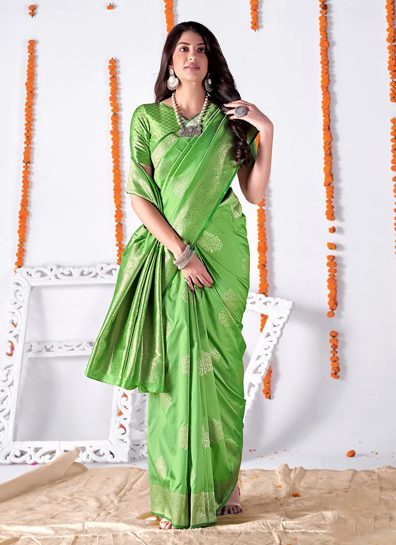 Lime Green Embellished Banarasi Silk Saree